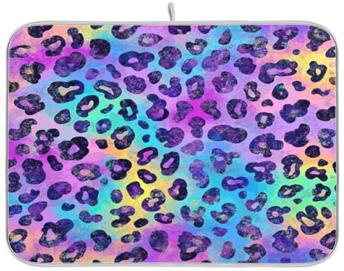 Kcldeci Abtropfmatte mit Leopardenmuster in Regenbogenfarben, Küchenzubehör, Abtropfmatte für Geschirr, Utensilien, Arbeitsplatten, Spülen, 40,6 x 45,7 cm