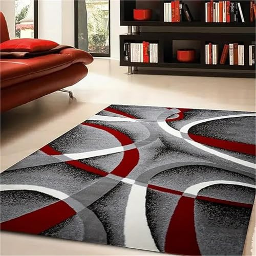 USHIRUG Vintage-Teppich, 100x150cm, Abstraktem Muster, Geometrischer Teppich Mit Wirbelmuster in Rot und Grau, Weich rutschfest Waschbar Teppiche für Wohnzimmer, Esszimmer, Lounge und Küche