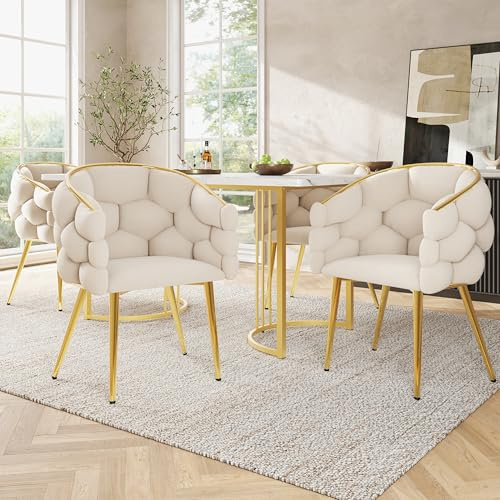 Essgruppe 5-teilig für 4 Personen Rechteckiger Esstisch 140×80×75 cm Marmormuster Metallbeine Sessel mit Rückenlehne für Esszimmer Wohnzimmer Küchen Sitzgruppe Gold mit 4 Beige Stühlen