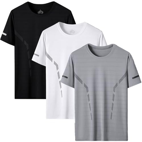 3 Pack Mens T-Shirts Quick Dry Sport Tops Breathable Moisture Wicking Athletic Gym Tshirts Crew Neck Running Workout Shirts (UK, Alpha, M, Regular, Regular, Black-White-Grey)
