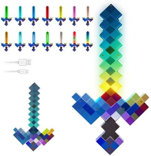 Diamant-Schwert Lampe Carft, SGZIOO 14 Farbe Nachtlicht Lampe für Gaming-Schreibtisch oder Nachttisch, 39 CM Diamantschwert-Spielzeug mit Soundeffekte, Wiederaufladbar Nachttischlampe Geschenke