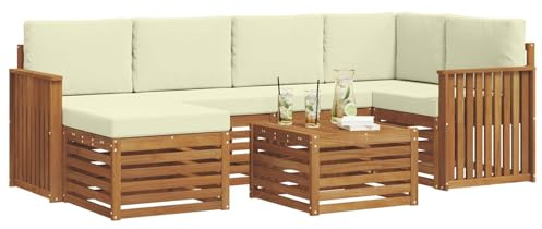 vidaXL Sofagarnituren 7 pcs Natur und Creme Massivholz Akazie, Gartenmöbel, modernes Sofa für draußen, modulare Loungemöbel, langlebige Terrassensitze und Komfort