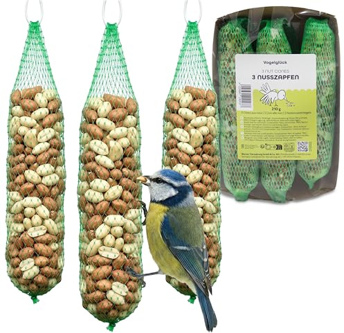 Vogelglück Nusszapfen Fettfutter für Wildvögel zum Aufhängen, 5x3 Stück Vogelfutter Zapfen mit Nüssen Saaten Getreide, Ganzjahresfutter für Gartenvögel Meisen Spechte einfach aufhängen draußen