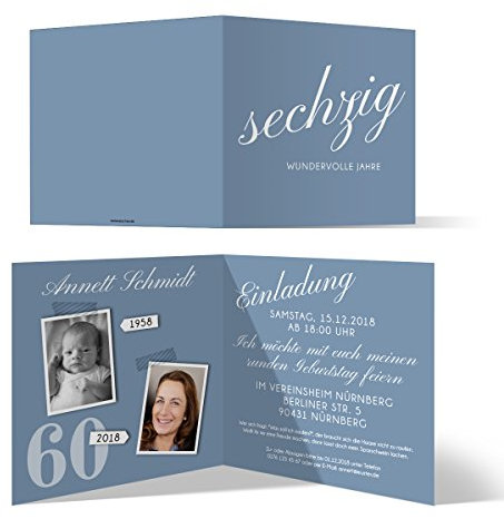 Runder 60. Geburtstag personalisierte Einladungskarten ab 10 bis 100 Stück selbst gestalten - Sechzig wundervolle Jahre - Klappkarte, zwei Fotos, dickes Papier