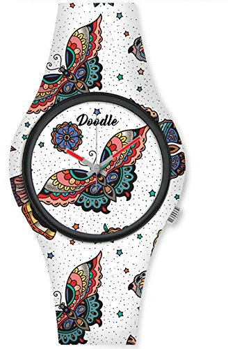 Doodle Watch Damenuhr Nature Mood Tattoouhr Schmetterling Blumen Sterne Weiss DO35010