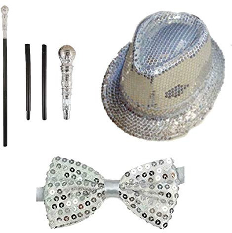 21Fashion Herren Pimp Stick Pailletten Hut Fliege Set Erwachsene Hirsch Do Pimp Paddy Gangster Kostüm Cosplay Accessoire Silber Set Einheitsgröße