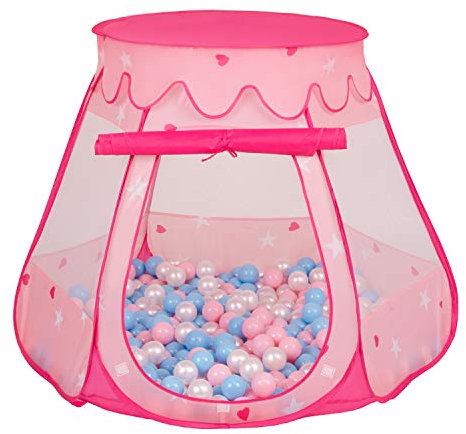 Selonis Tente 105X90cm/100 Balles Château avec Les Balles Plastiques Piscine À Balles pour Enfants, Rose: Babyblue-Rose Poudré-Perle