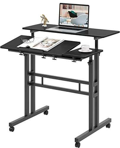sogesfurniture Mobiler Stehpult, tragbar, höhenverstellbar, klein, modern, Heimbüro, Arbeitsplatz, Schwarz