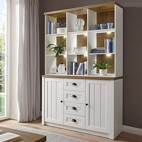 Lomadox Buffetschrank im Landhausstil, Pinie weiß und Eiche hell, B/H/T: 130/198/43cm