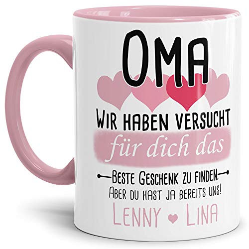 Tassendruck Geschenk Tasse mit Spruch PERSONALISIERT - Bestes Geschenk für Oma von Enkelkindern - Kaffee-Tasse/Geschenkidee Geburtstag Muttertag/Muttertagsgeschenk - Innen & Henkel Rosa
