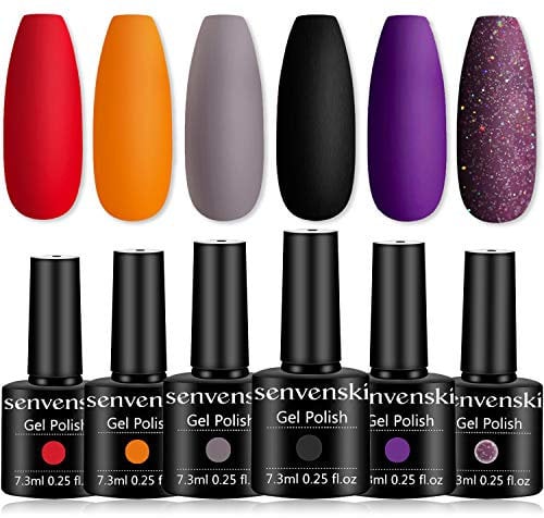 Senvenski Halloween Vernis Semi Permanent, Vernis à Ongles Gel Rouge Orange Corail Gris Noir Violet Lavande Lilas Briller Flash Couleur UV LED Art Kit pour French Manucure (CS6-032)