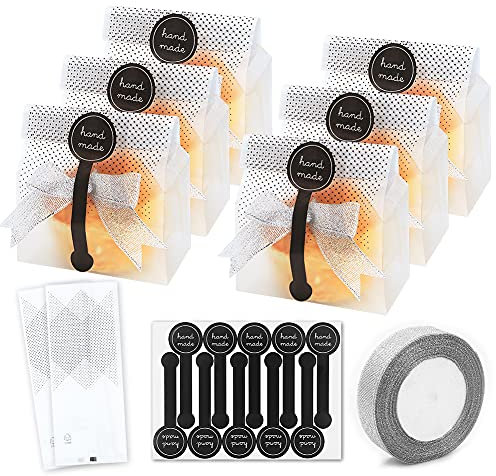 200pcs Sweet Cookie Treat Gift Bags Translucent Plastic W/ 200pcs Stickers and 1 Roll Ribbon for Pick and Mix Sweetie Snack Popcorn Chocolate Candy Cupcake Biscuit Goody Bakery Birthday Wedding Party