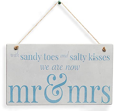 CAKIROTS Holzschild mit Sandy Toes Salty Kisses Mr & Mrs, für Strand, Hochzeit, Married, 25,4 x 15,2 cm, Hochzeitsgeschenk, Blumenmädchen-Dekoration