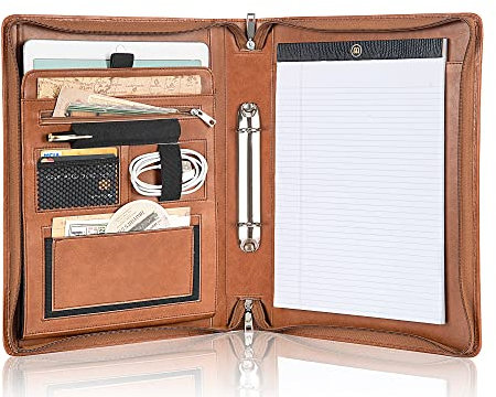 FREI NAME GRAVUR, Aktenmappe 2 Ringbuch mit Klemmbret, Veganes Leder Schreibmappe A4 mit Reißverschluss, Geschenk für Männer/Sohn, Braun, Customized