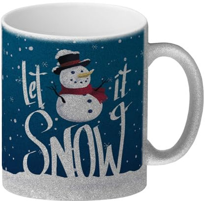 Let it Snow Glitzer-Kaffeebecher mit süßem Schneemann und Schneeflocken