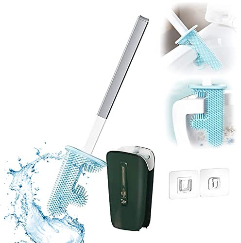 QCLUEU Brosse de toilette Cactus, brosse de toilette sans coin mort à suspendre au mur, brosse de toilette en silicone et support, tête de brosse de type C nettoyage en profondeur sans laisser d'impas
