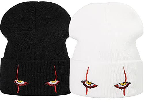LANLYLGQ 2Stück Beanie Wintermütze Pennywise Scary Eyes Mütze Unisex Herren Damen Strickmütze Stickerei Warmmütze Skimütze