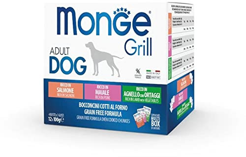 Monge Grill Adult Rich IN Salmon, Pork, Lamb with Vegetables, Nassfutter für Hunde (Hundefutter aus Lachs, Schwein, Lamm und Gemüse, schmackhafte Rezeptur, ohne Farbstoffe, getreidefrei, 12 x 100 g)