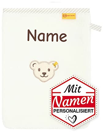 Steiff Kinder Waschhandschuh personalisiert mit Namen/bestickt, Baby Kleinkind Waschlappen/Waschtuch zum baden, Geschenk zur Geburt Taufe Ostern Nikolaus (Beige)