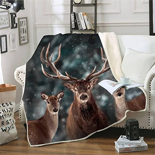 Hirsch Kuscheldecke Fleecedecke 3D Waldtiere 3D Flauschige Warmer Winter Decke 150x200cm Sherpa Wohndecke Sofadecke für Erwachsene Weihnachten Geschenk Blanket