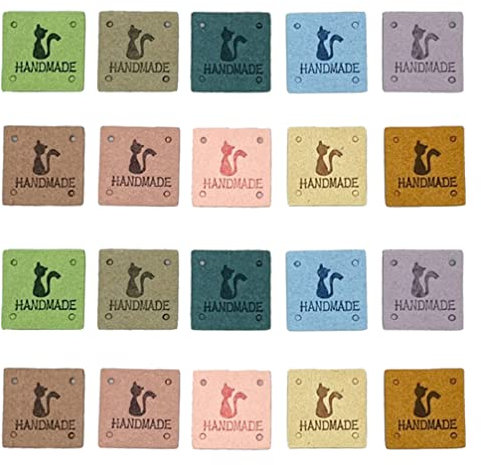 Houhounb Handmade Stoff Etiketten Tags Quadrat Nähen Tuch Etiketten Etiketten Leder Label Nähen mit 4 Löchern Hand Made Niedliche Katze Label für DIY Nähen Nähen Dekor, 2,5x2,5 cm,40 Stücke
