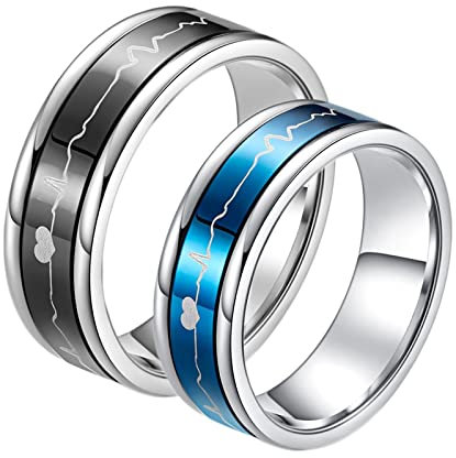Homxi Verlobungsringe Paar Gravur,Edelstahl Eheringe Paar 7MM Silber Schwarz Blau Ring mit Herzschlag Paar Eheringe Damen 57 (18.1) + Herren 60 (19.1)