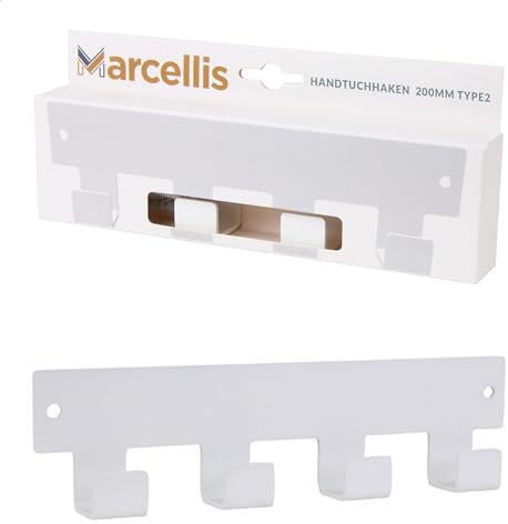 Marcellis Premium Garderobenhaken, Matt Weiß, 4 Haken - Wandhakenleiste ideal als Handtuchhalter oder Hakenleiste - Hochwertige Verarbeitung und Befestigungsmaterial - 5,2x20x2,4 cm (HxWxD)