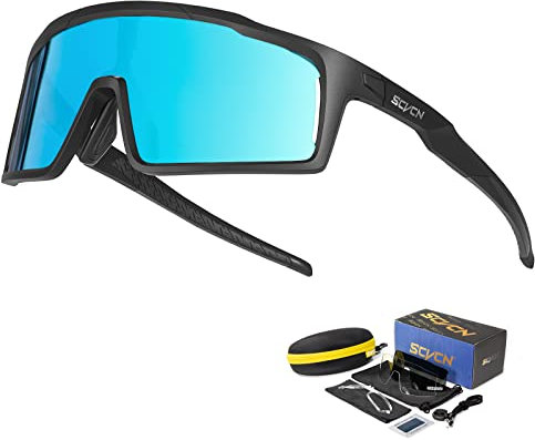 SCVCN Polarisierte Radfahrerbrille Sonnenbrille mit 3 Austauschbaren Gläsern für Männer Frauen Laufen Volleyball Tennis Autofahren Angeln Softball Bergsteigen Golf Wandern HD 07 schwarz blau