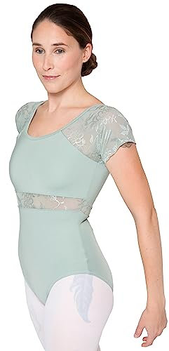 tanzmuster Ballett Trikot Damen Kurzarm - Malin - BH-Pad-Einschub - geblümte Spitze - hellgrün 38 - Tanz Body - Ballettkleidung für Erwachsene