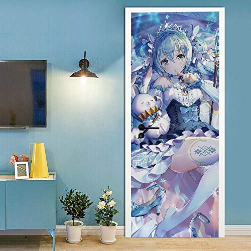 TüRtapete Selbstklebend TüRposter TüRaufkleber Tapete, Wandaufkleber für Schlafzimmer, Heimdekoration, wasserdicht, abnehmbares Premium Vinyl Upgrade, blaues Anime Mädchen und Hase Kawaii