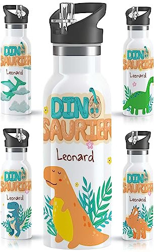 OWLBOOK® Edelstahl Trinkflasche Kinder personalisiert | Wasserflasche mit Strohhalm | 600 ml | Sportdeckel | Spülmaschinenfest | Schule Schulanfang Jungen Geschenke Einschulung Junge | Dino
