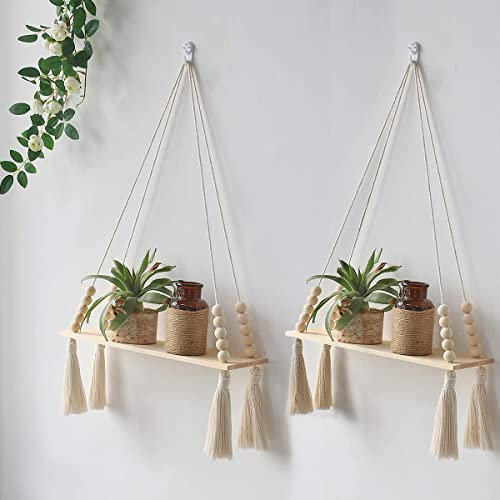 Macrame Hanging Shelves Boho Wall Decor Set of 2 Rustic Wood Floating Storage Shelf Tassel Display Floating Shelves Wooden Storage Kitchen Wall Decor for Bedroom Living Room Kitchen Nursery