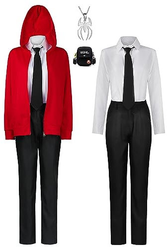Anime Chainsaw Man Power Cosplay Costume with Necklace Manga Carnival Uniform Outfits Hooded Jacket Gift for Manga Lovers Props for Adults Suitable for Stage Play, Anime Expo,Red,L