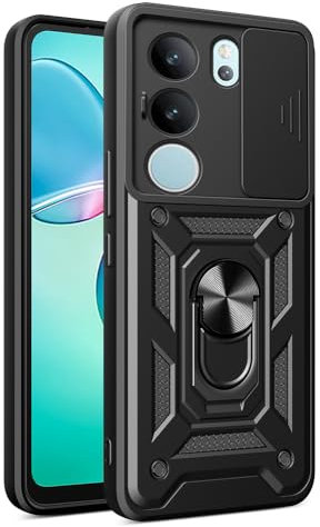 DESSEN Handyhülle für Vivo V29 5G, Weiche TPU/PC Silikon Hülle und Objektiv Cover, Stoßfeste Schutzhülle mit 360 Grad Drehbarer Ringhalterung Case. Schwarz