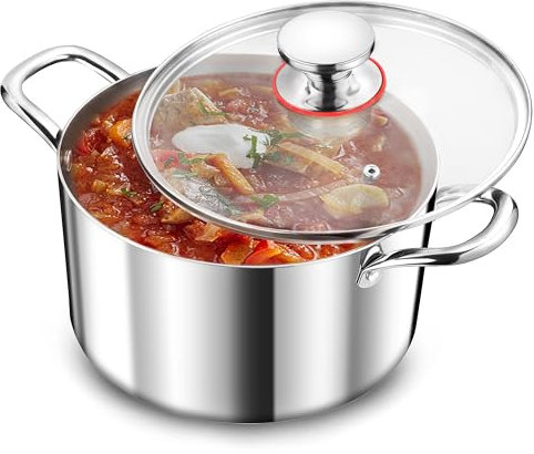 TEAMFAR Pentola da 20 cm, a induzione, in acciaio edea, a 3 strati, da 3,3 l, con coperchio in vetro, per tutti i piani cottura, in acciaio inox lucido e non rivestito, sano, lavabile in lavastoviglie