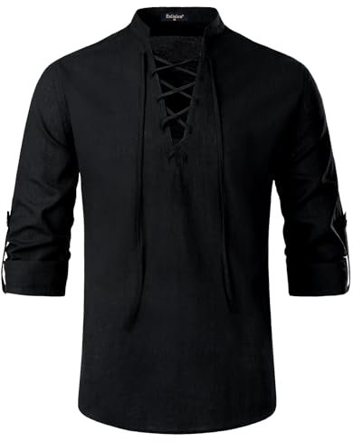 Enlision Mens Cotton Linen Shirts Lace up Medieval Vintage Costume Long Sleeve Classic Scottish Jacobite Ghillie Kilt Shirt Black S