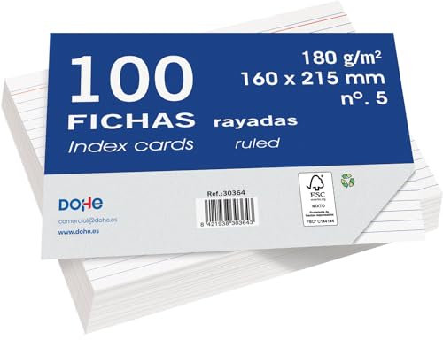 Dohe Karteikarten aus Karton, liniert, 100 Stück, Notizkarten, Größe A5 (21,5 x 16 cm), 180 g, Nr. 5, Büromaterial, Weiß