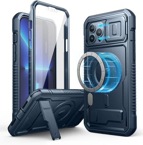 Dexnor Magnetic Bumper Case for iPhone 13 Pro Max, MagSafe Comapitble, Heavy-duty Shockproof Full-body Rugged Protective Cover with Kickstand & Camera Cover & Screen Protector - Navy Blue