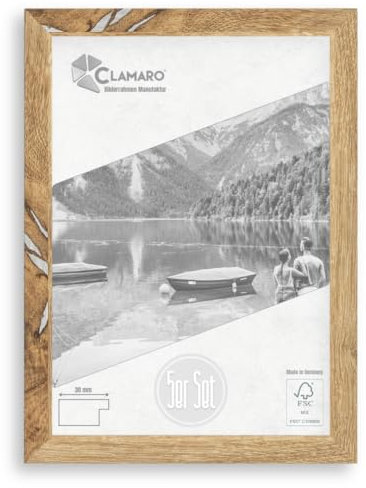CLAMARO 'COLLAGE' 5er Set Bilderrahmen DIN A4 (21x29,7) handgefertigt nach Maß | Eiche Altholz | Moderner eckiger MDF Holz5er Set Bilderrahmen inkl. Acrylglas, Rückwand und Aufhänger