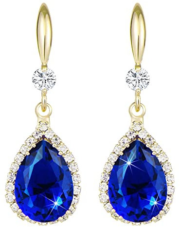 Linawe Ohrringe Blau Saphir Hängend, Gold Mit Blauem Stein, Tropfen Ohrringe für Damen, Schleifen Modeschmuck, Kristall Diamant Vergoldet
