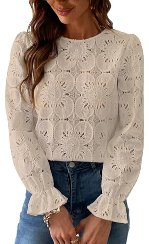 CUPSHE Chemisier Femme Chic en Dentelle Coton Guipure Haut Manches Longues Évasées T-Shirt Ajouré Motif Floral Élégant Blouse Bohème Vintage