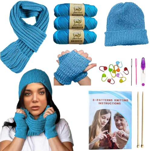 Strickset für Anfänger, Stricken lernen, komplettes Strickset mit Anleitung (evtl. nicht in deutscher Sprache), Wollgarn, Stricknadeln, Garnnadel und Maschenmarkierern für Weihnachtsgeschenke (blau)