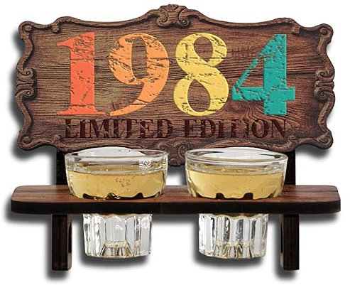 DARO Design - Schnapsbank Jahreszahl Geschenk zum 41. Geburtstag, Limited Edition Jahrgang 1984, Geburtstagsgeschenk Deko Vintage Retro Look lustige Geldgeschenke mit 2 Schnapsgläser, Geburtstagsdeko