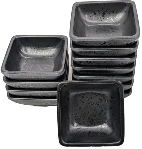 Muvell 12x Dipschale aus schwarzen Melamin | Maße: 7,5 x 7,5 x 2,7 cm | Design: Tropfen | Dipschalen, Saucenschälchen, Sojasauce Schale, BBQ Schale, Sushi Geschirr, Fondue, Fingerfood Schale,