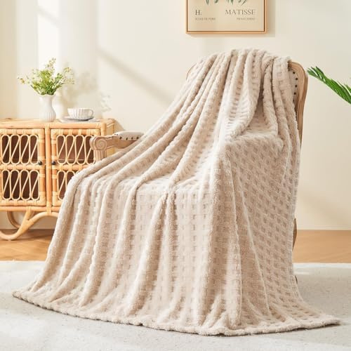Wajade Fleece Throw Blanket, Fluffy Faux Fur Blanket for Bed Sofa Couch, Soft Warm Thick Blanket,waffle Linen-127X178