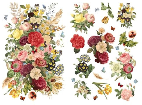 Joeyan Möbelaufkleber, Rub On Sticker Gemischte Blumensträuße, 2 Große 43x30cm Transferfolie, DIY Home Decal auf Holz Glas Metall Leinwand Porzellan Papier Plastik, Schönheit und Faszination