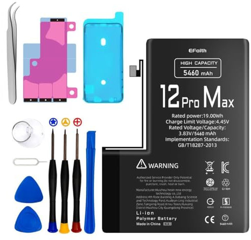 EFaith Batterie pour iPhone 12 Pro Max 5460mAh Batterie de Remplacement Haute capacité 0 Cycle avec Kits d'outils de réparation Professionnels et adhésif pour modèle2411, A2342, A2410, A2412