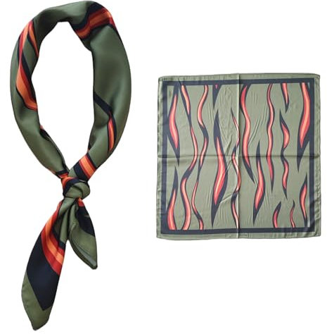 GIMIRO Männer simulierte Seidenschal 53x53cm Halstuch Polyester-Satin Olivgrün mit Streifenmuster Elegantes Design (Green Flame)