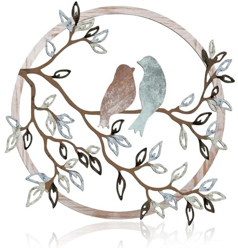 Brewlix Metal Wall Art, Bird on Tree Branch Silhouette Wall Art Decor, Colorful Metal Hanging Decor for Garden Living Room Bedroom Indoor Outdoor