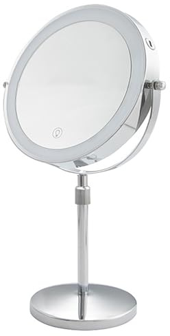8 Zoll Schminkspiegel mit Beleuchtung,1X/10X,Doppelseitig Make-up Spiegel mit 3 LED-Lichtfarben,USB Touchscreen Beleuchteter Kosmetikspiegel 360° Drehbar,Höhenverstellbar Dimmbare Helligkeit (Silber)